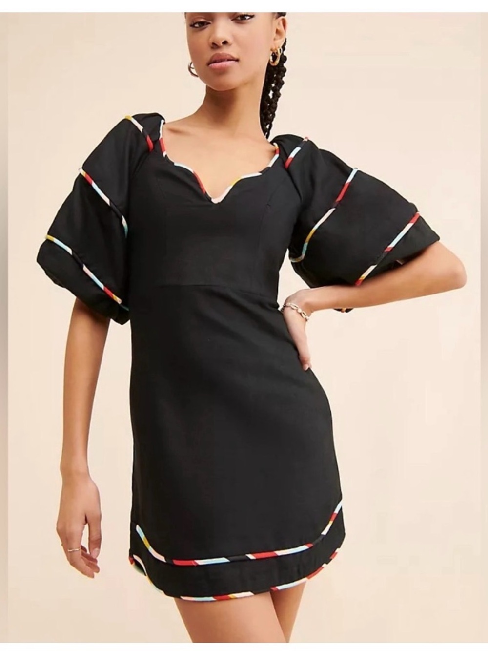 Farm Rio Black Puff-Sleeve Mini Dress with Multi Color-Trim